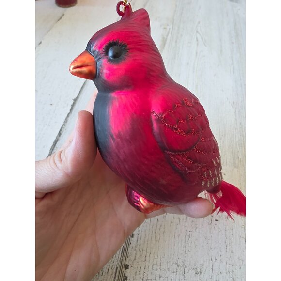 Glass red glitter cardinal feather ornament Xmas tree - Picture 4 of 9